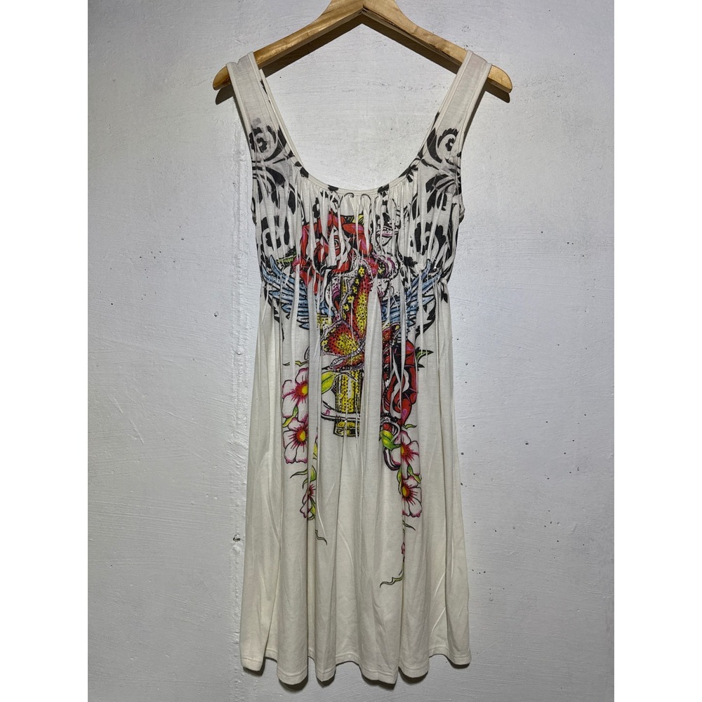 Ed Hardy Womens Tattoo Graphic Mini Dress M White Rhinestone Y2K Jersey Knit